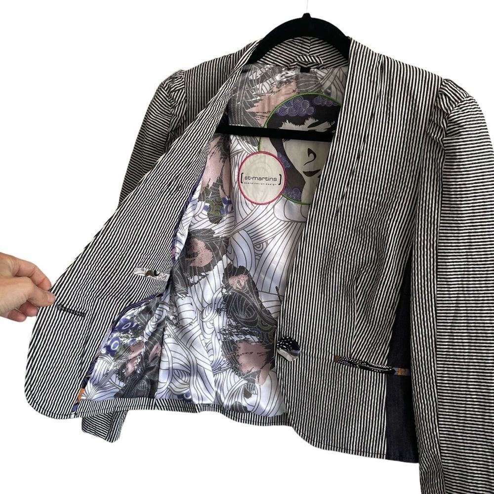 St-martins Cotton Striped Blazer Embellished Butterfly Embroidery Black White 36
